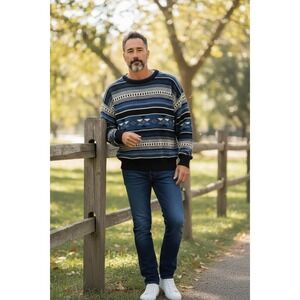 Timber Trail Mens Crewneck Sweater Geometric Pattern Blue Black XL Acrylic Y2K